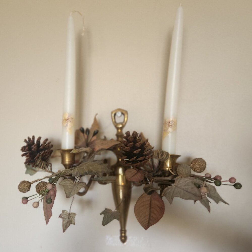 Pair of  Brass Double-Arm Colonial Wall-Sconces Candle Holders  w/added decor